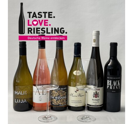Probierpaket: Taste.Love.Riesling. 6 Weine plus 2er Set Gläser und Zapfenzieher